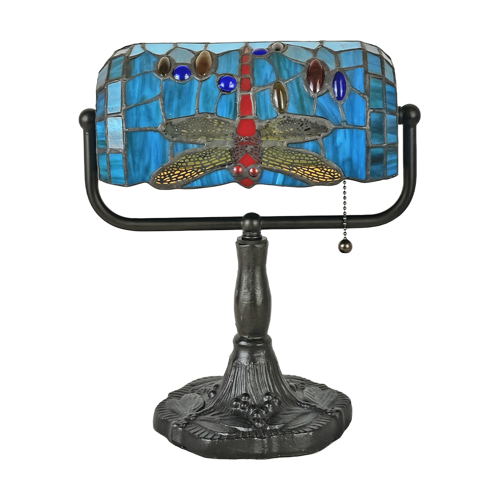 Tiffany-Style Dragonfly Banker Lamp – Art Deco Desk Light