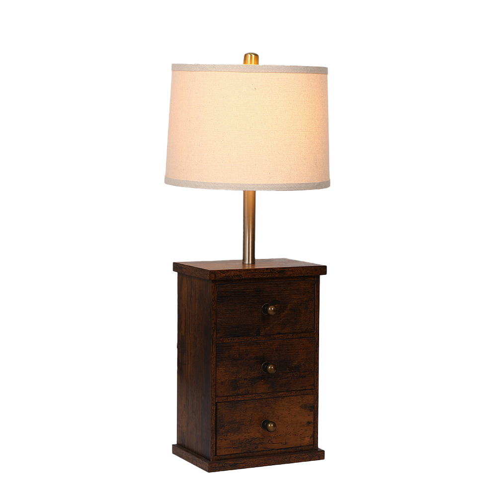 Rustic Wood Table Lamp with Storage Drawers and Linen Shade – Home Decor