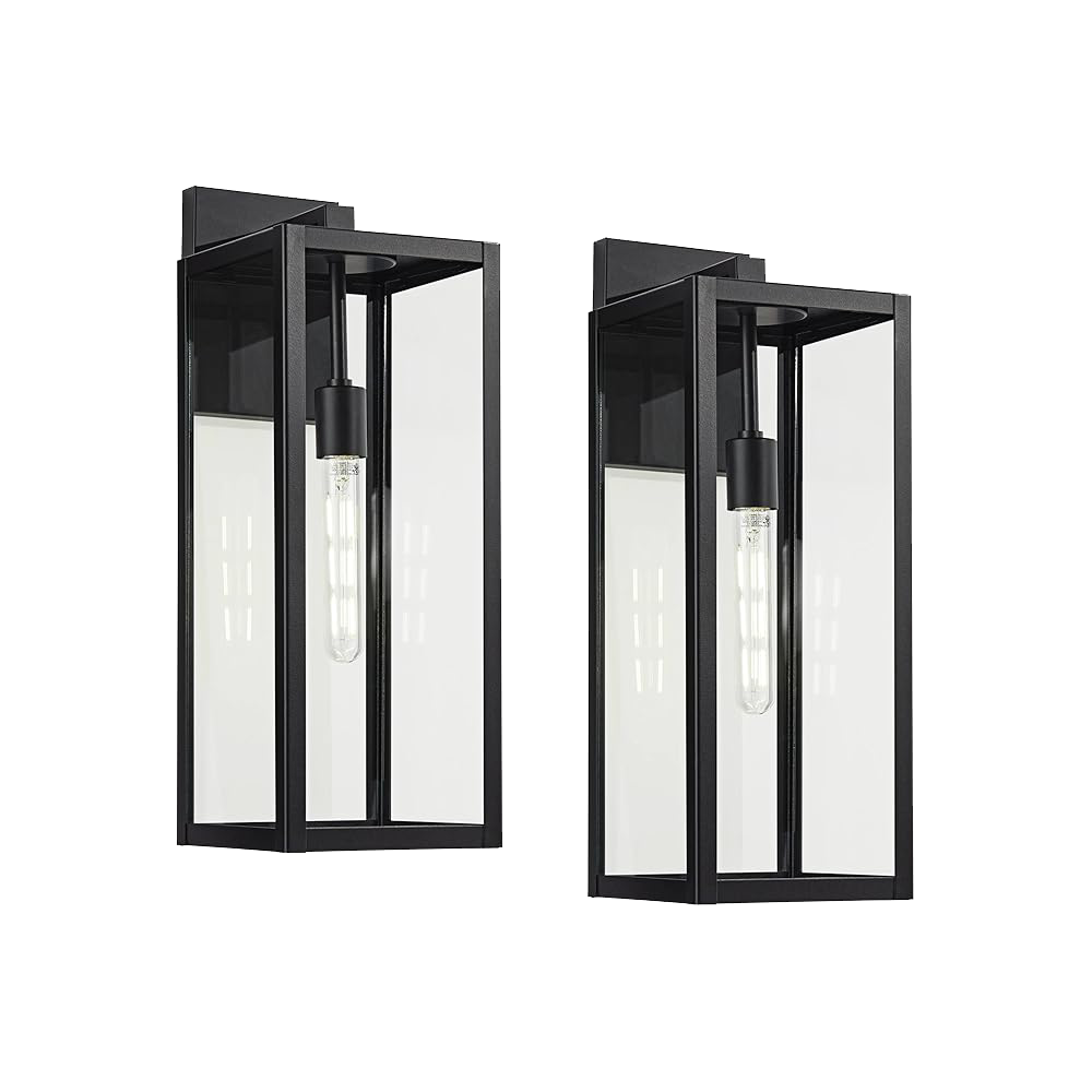 Modern Black Outdoor Wall Sconce with Clear Glass Panels – Set of 2
