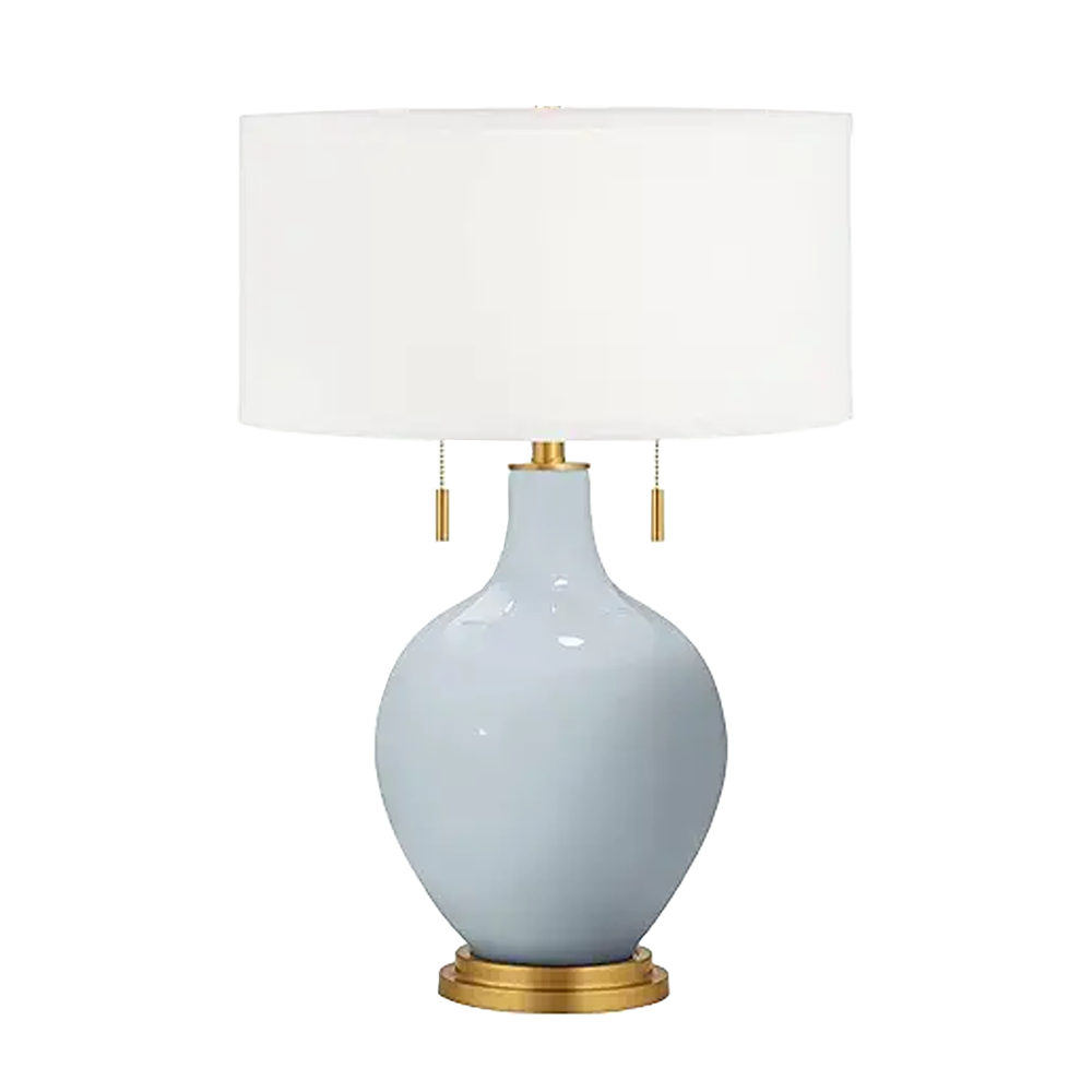 Blue Ceramic Table Lamp with Linen Shade and Brass