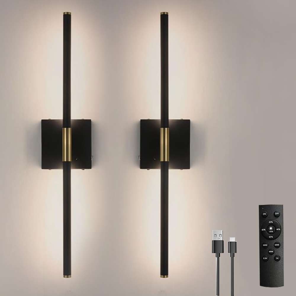 Modern LED Wall Sconces with Remote Control and USB Charging – Set of 2