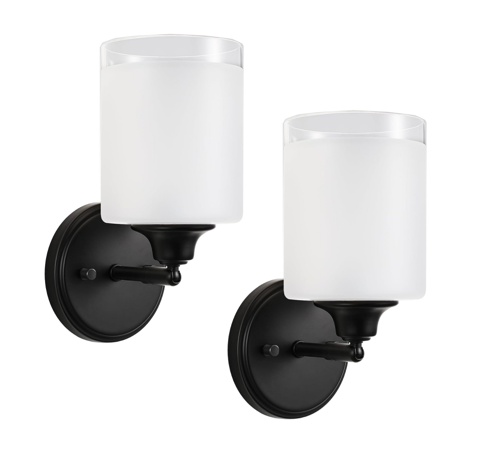 Modern Black Wall Sconces with Frosted Glass Shades – Set of 2