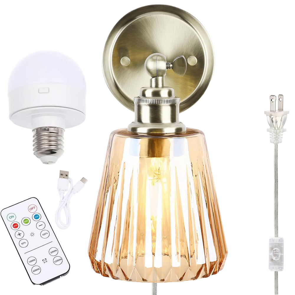 Modern Plug-In Wall Sconce with Remote Control – Amber Glass Shade and Brass Finish
